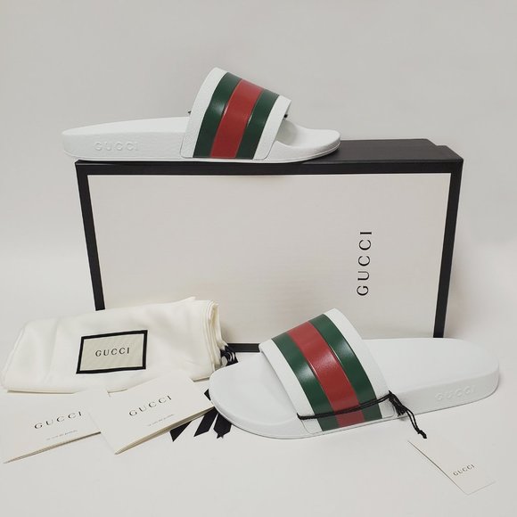 GUCCI SHOES MENS PURSUIT WHITE RUBBER SLIDE SANDAL w WEB DETAIL sz 9G 9.5 US - Picture 3 of 15